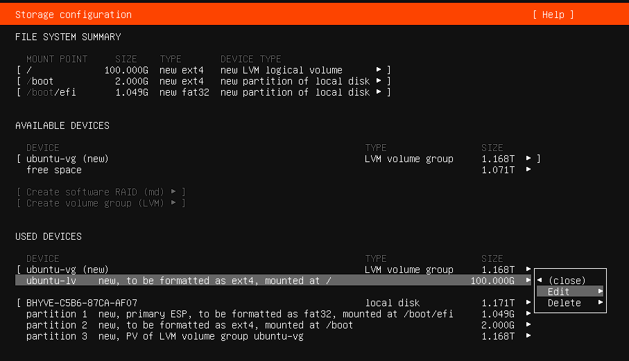 Linux installation storage confirmation
